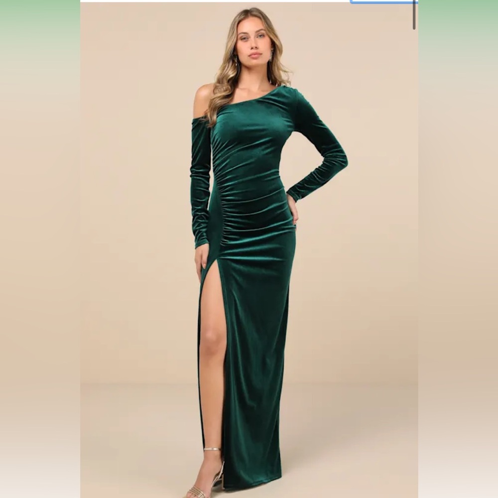 NWT Lulus Notorious Icon Emerald Green Velvet Asymmetrical Maxi Dress